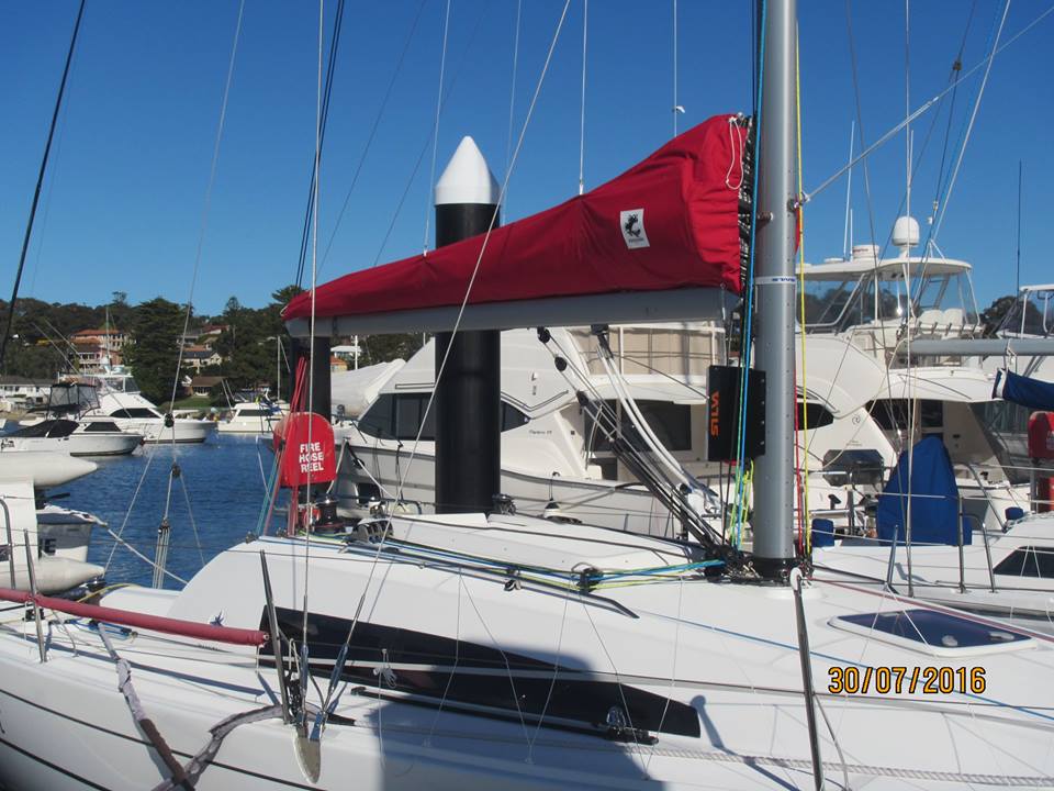 Red Barracouta boom bag on a moored yacht